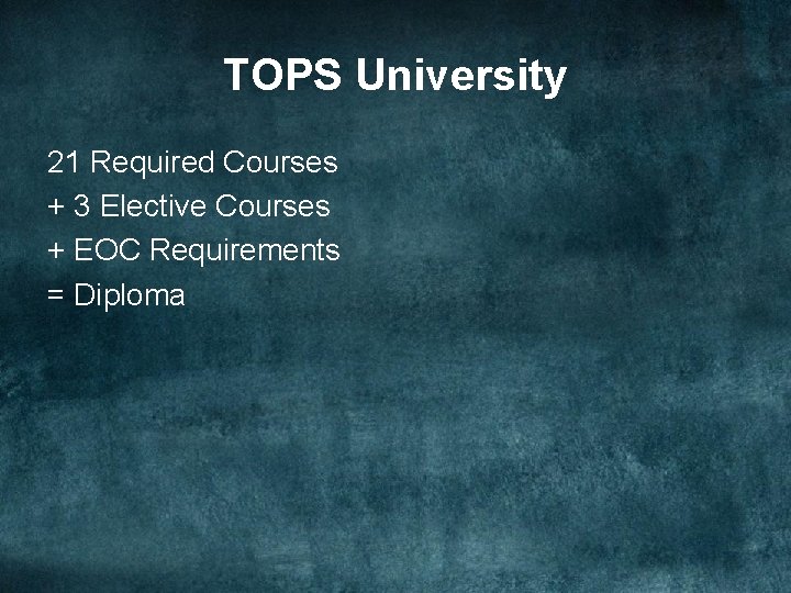 TOPS University 21 Required Courses + 3 Elective Courses + EOC Requirements = Diploma