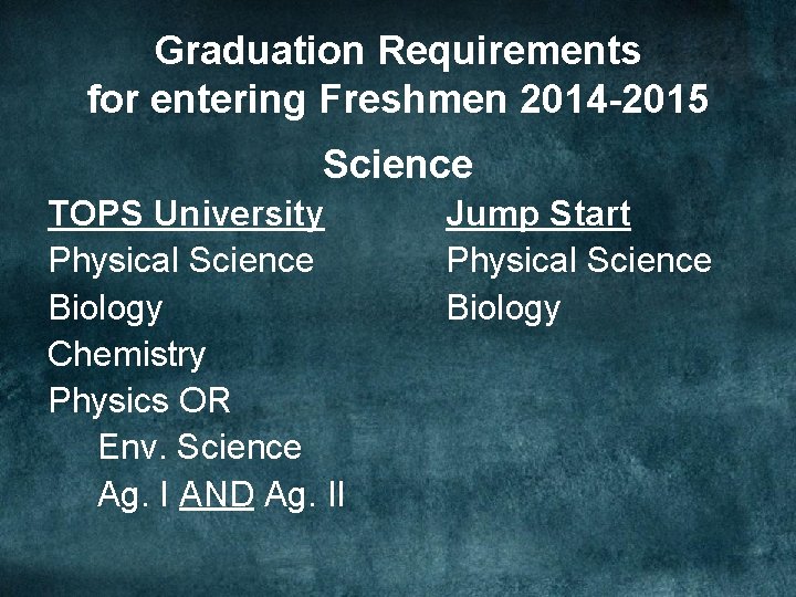 Graduation Requirements for entering Freshmen 2014 -2015 Science TOPS University Physical Science Biology Chemistry
