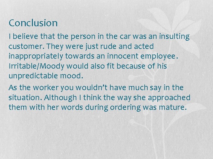 Conclusion I believe that the person in the car was an insulting customer. They