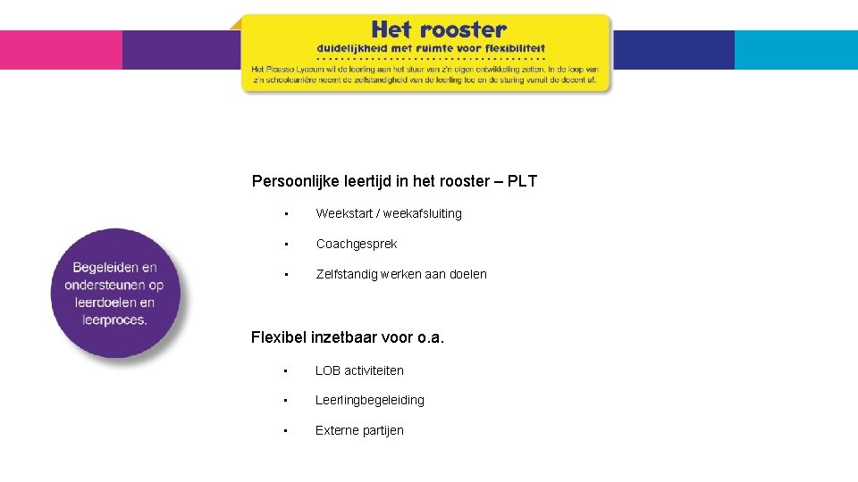 Persoonlijke leertijd in het rooster – PLT • Weekstart / weekafsluiting • Coachgesprek •