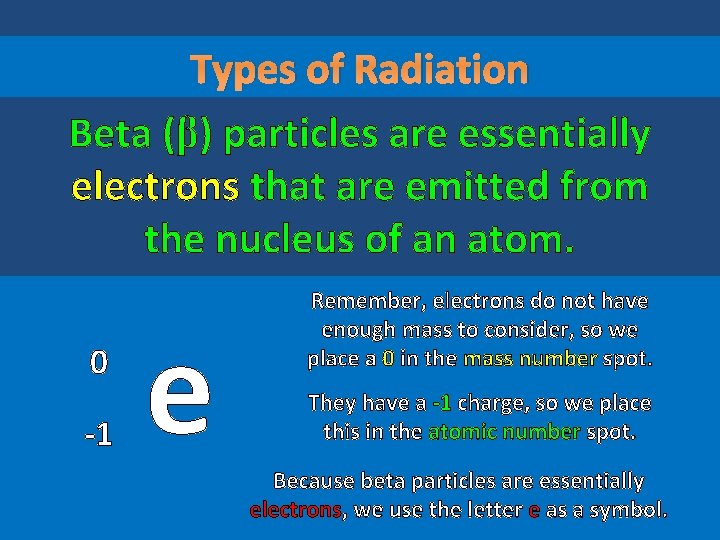 Types of Radiation Beta (β) particles are essentially electrons that are emitted from the