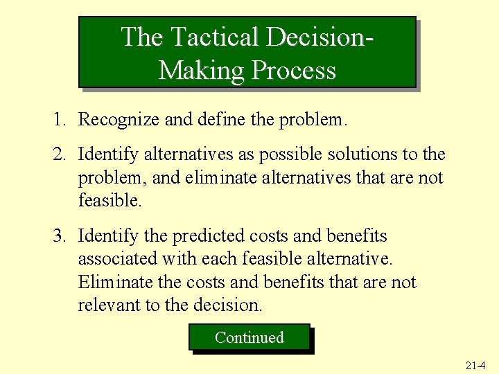 The Tactical Decision. Making Process 1. Recognize and define the problem. 2. Identify alternatives