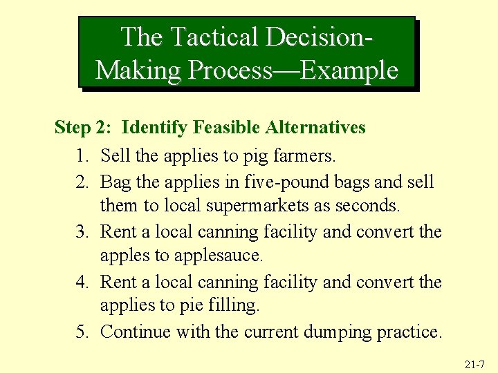 The Tactical Decision. Making Process—Example Step 2: Identify Feasible Alternatives 1. Sell the applies