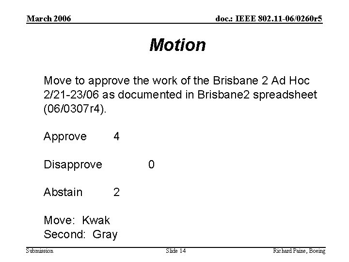 March 2006 doc. : IEEE 802. 11 -06/0260 r 5 Motion Move to approve