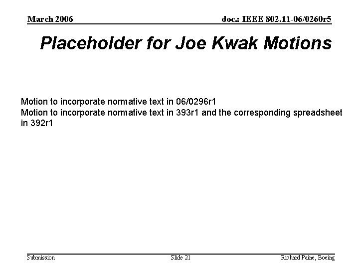 March 2006 doc. : IEEE 802. 11 -06/0260 r 5 Placeholder for Joe Kwak
