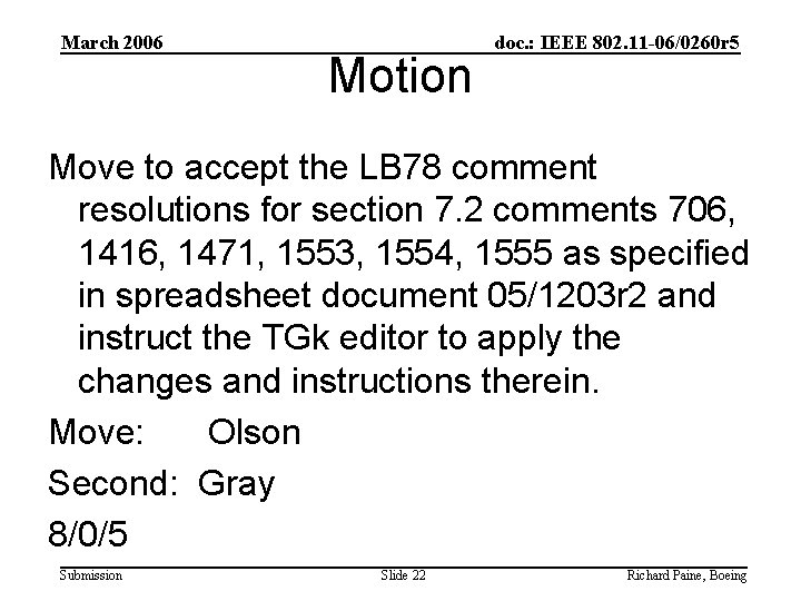 March 2006 Motion doc. : IEEE 802. 11 -06/0260 r 5 Move to accept
