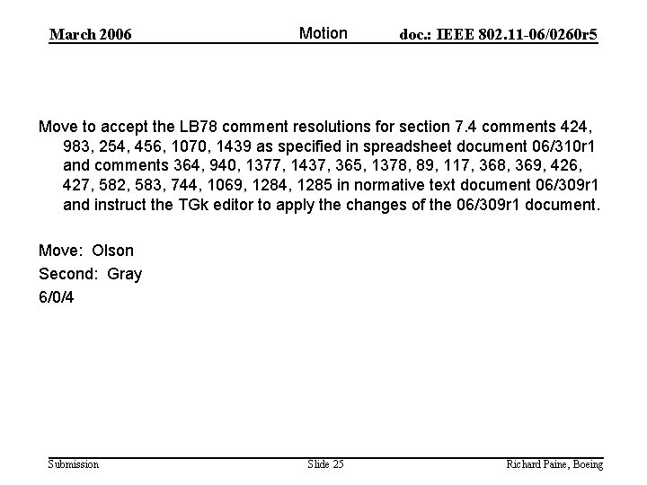 March 2006 Motion doc. : IEEE 802. 11 -06/0260 r 5 Move to accept