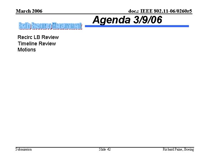March 2006 doc. : IEEE 802. 11 -06/0260 r 5 Agenda 3/9/06 Recirc LB