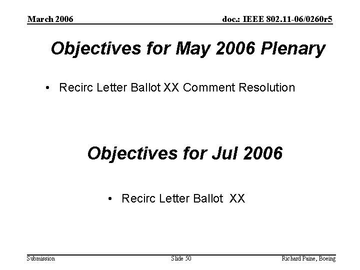 March 2006 doc. : IEEE 802. 11 -06/0260 r 5 Objectives for May 2006