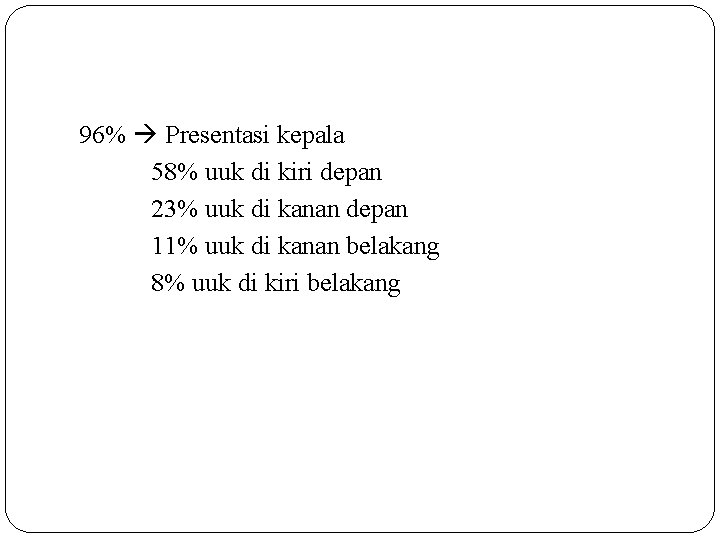 96% Presentasi kepala 58% uuk di kiri depan 23% uuk di kanan depan 11%