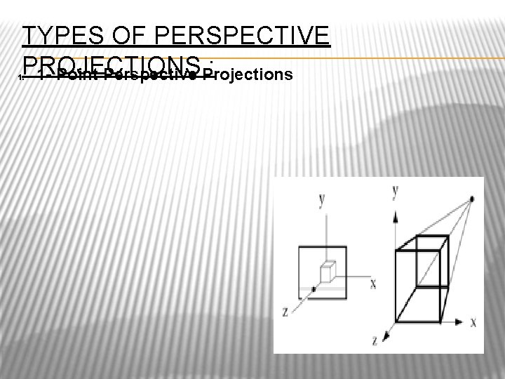TYPES OF PERSPECTIVE PROJECTIONS : 1 - Point Perspective Projections 1. 