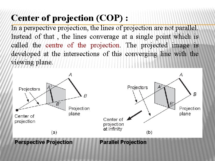 Center of projection (COP) : In a perspective projection, the lines of projection are