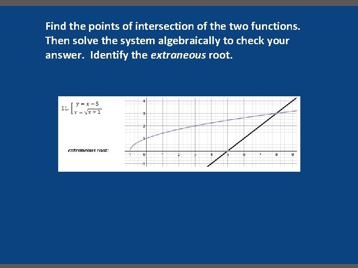 Find the points of intersection of the two functions. Then solve the system algebraically Find the points of intersection of the two functions. Then solve the system algebraically