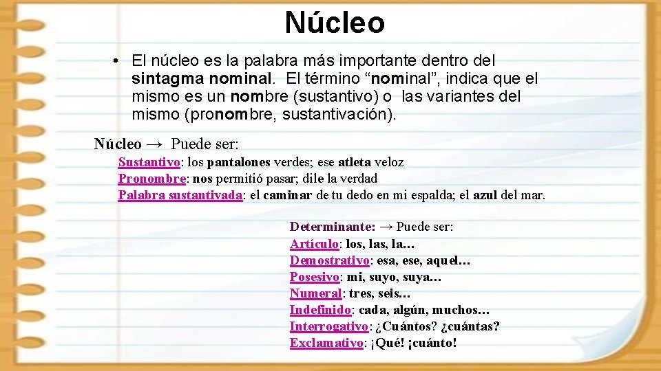 Núcleo • El núcleo es la palabra más importante dentro del sintagma nominal. El