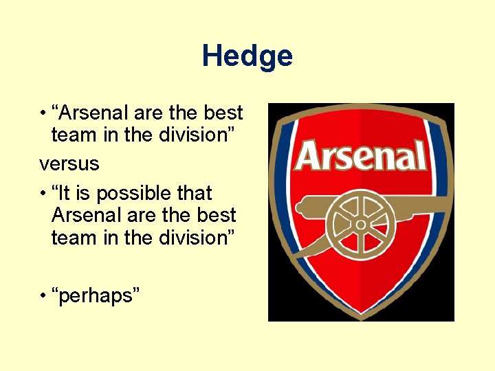 Hedge • “Arsenal are the best team in the division” versus • “It is
