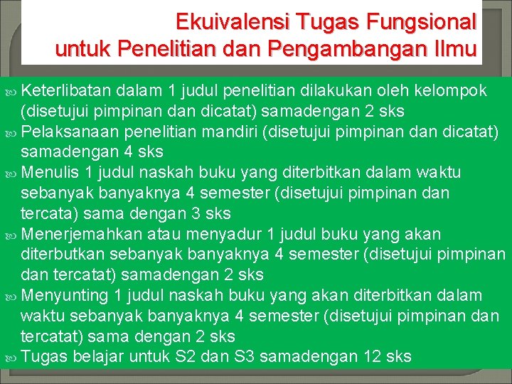 Ekuivalensi Tugas Fungsional untuk Penelitian dan Pengambangan Ilmu Keterlibatan dalam 1 judul penelitian dilakukan