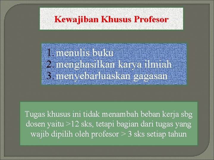 Kewajiban Khusus Profesor 1. menulis buku 2. menghasilkan karya ilmiah 3. menyebarluaskan gagasan Tugas