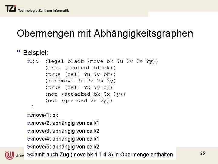 Obermengen mit Abhängigkeitsgraphen } Beispiel: (<= (legal black (move bk ? u ? v