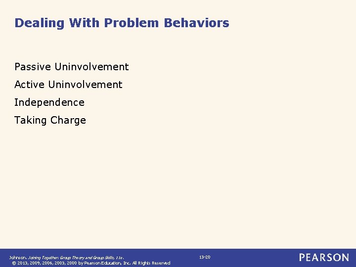 Dealing With Problem Behaviors Passive Uninvolvement Active Uninvolvement Independence Taking Charge Johnson. Joining Together: