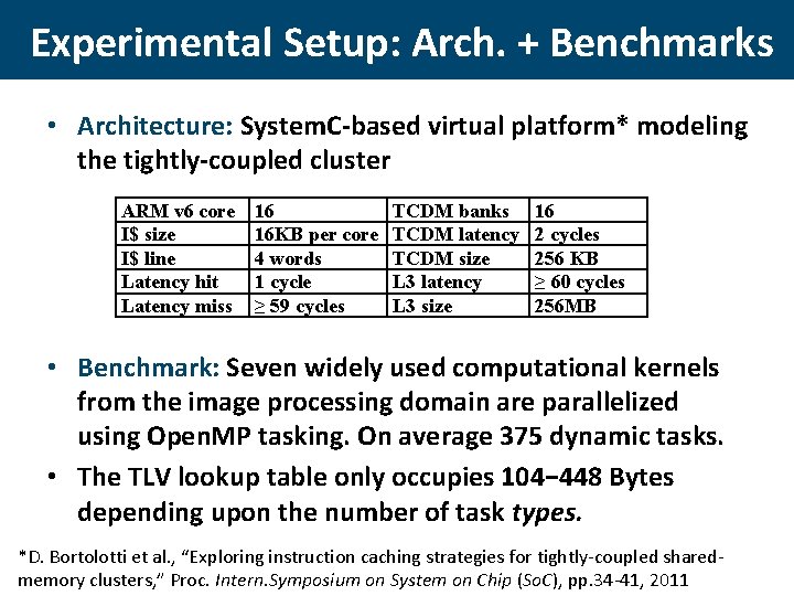 Experimental Setup: Arch. + Benchmarks • Architecture: System. C-based virtual platform* modeling the tightly-coupled
