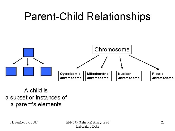 Parent-Child Relationships Chromosome Cytoplasmic chromosome Mitochondrial chromosome Nuclear chromosome Plastid chromosome A child is