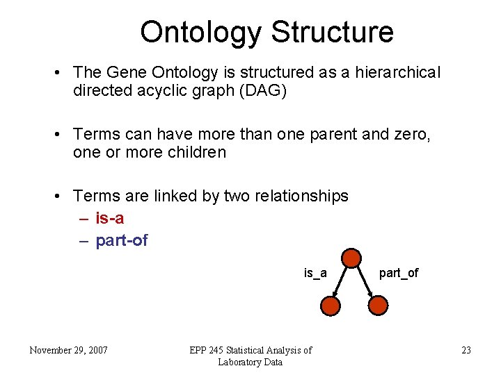 Ontology Structure • The Gene Ontology is structured as a hierarchical directed acyclic graph