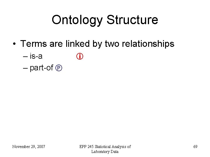 Ontology Structure • Terms are linked by two relationships – is-a – part-of November