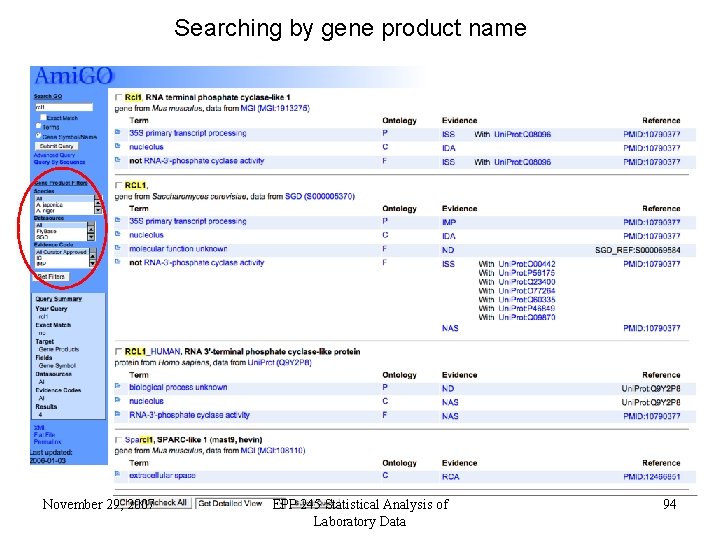 Searching by gene product name November 29, 2007 EPP 245 Statistical Analysis of Laboratory