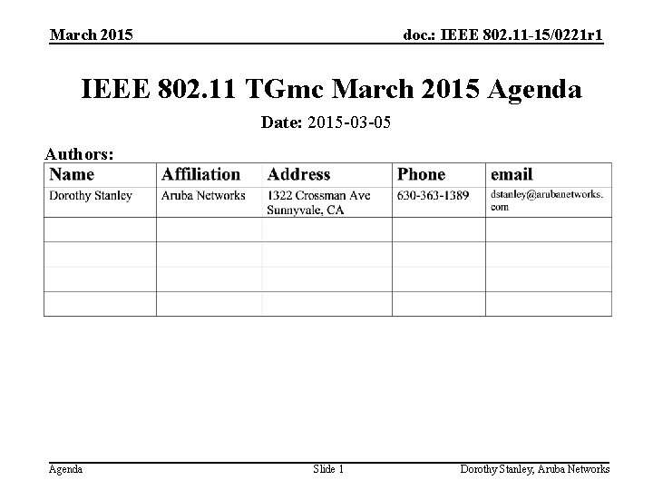 March 2015 doc. : IEEE 802. 11 -15/0221 r 1 IEEE 802. 11 TGmc