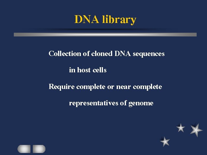 DNA library Collection of cloned DNA sequences in host cells Require complete or near