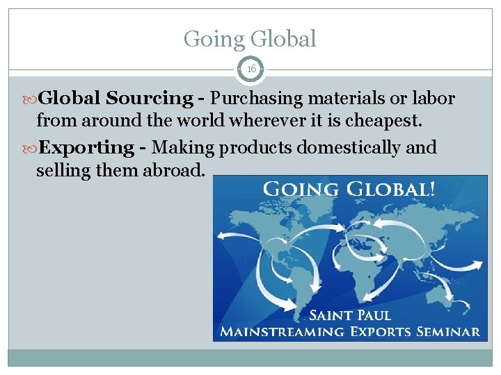 Going Global 16 Global Sourcing - Purchasing materials or labor from around the world