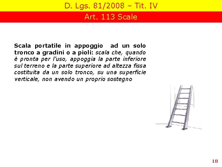 D. Lgs. 81/2008 – Tit. IV Art. 113 Scale Scala portatile in appoggio ad
