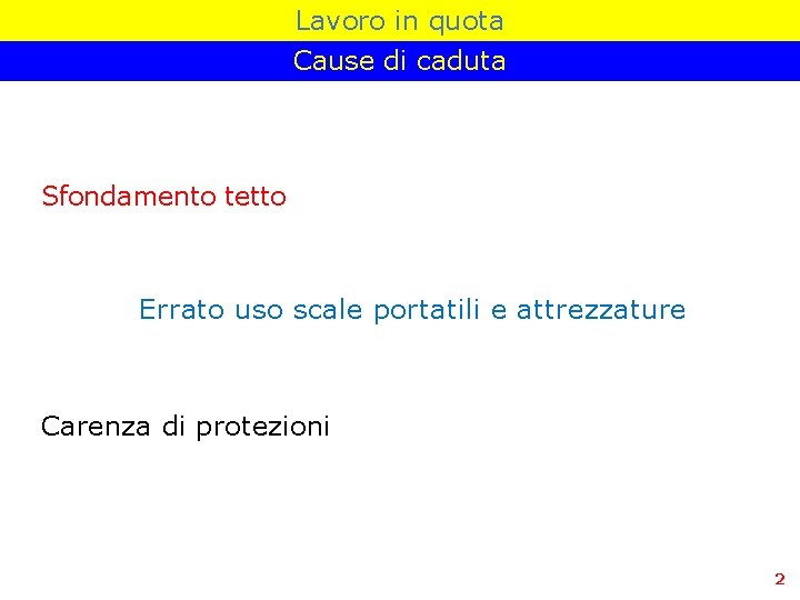 Lavoro in quota Cause di caduta Sfondamento tetto Errato uso scale portatili e attrezzature