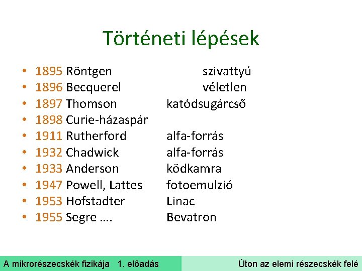 Történeti lépések • • • 1895 Röntgen 1896 Becquerel 1897 Thomson 1898 Curie-házaspár 1911