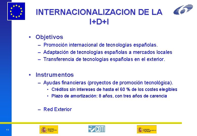 INTERNACIONALIZACION DE LA I+D+I • Objetivos – Promoción internacional de tecnologías españolas. – Adaptación INTERNACIONALIZACION DE LA I+D+I • Objetivos – Promoción internacional de tecnologías españolas. – Adaptación