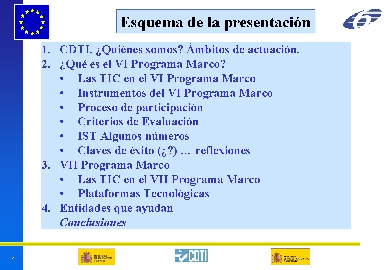 Esquema de la presentación 1. CDTI. ¿Quiénes somos? Ámbitos de actuación. 2. ¿Qué es Esquema de la presentación 1. CDTI. ¿Quiénes somos? Ámbitos de actuación. 2. ¿Qué es