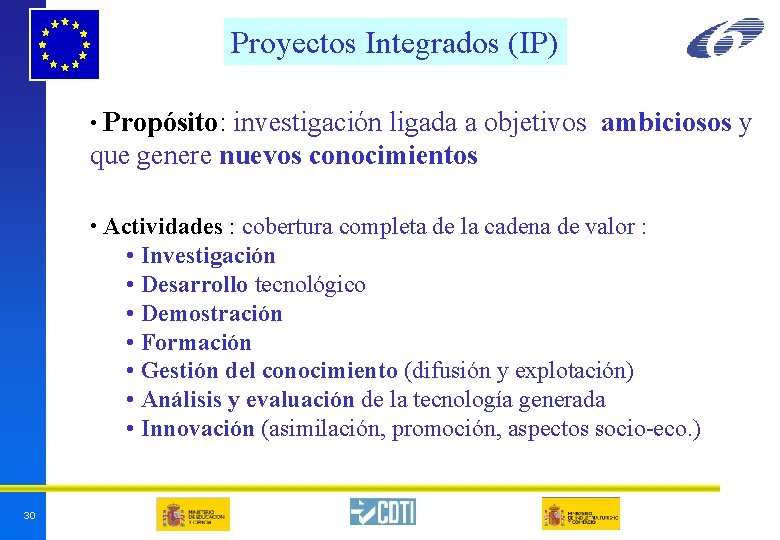 Proyectos Integrados (IP) • Propósito: investigación ligada a objetivos ambiciosos y que genere nuevos Proyectos Integrados (IP) • Propósito: investigación ligada a objetivos ambiciosos y que genere nuevos