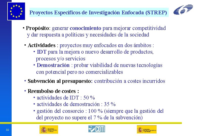 Proyectos Específicos de Investigación Enfocada (STREP) • Propósito: generar conocimiento para mejorar competitividad y Proyectos Específicos de Investigación Enfocada (STREP) • Propósito: generar conocimiento para mejorar competitividad y