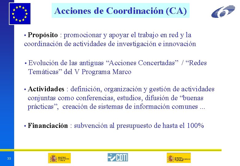 Acciones de Coordinación (CA) • Propósito : promocionar y apoyar el trabajo en red Acciones de Coordinación (CA) • Propósito : promocionar y apoyar el trabajo en red