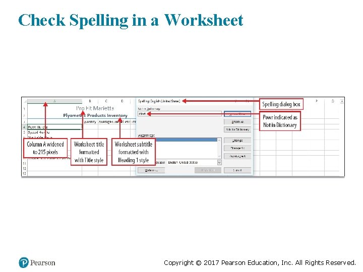 Check Spelling in a Worksheet Copyright © 2017 Pearson Education, Inc. All Rights Reserved.