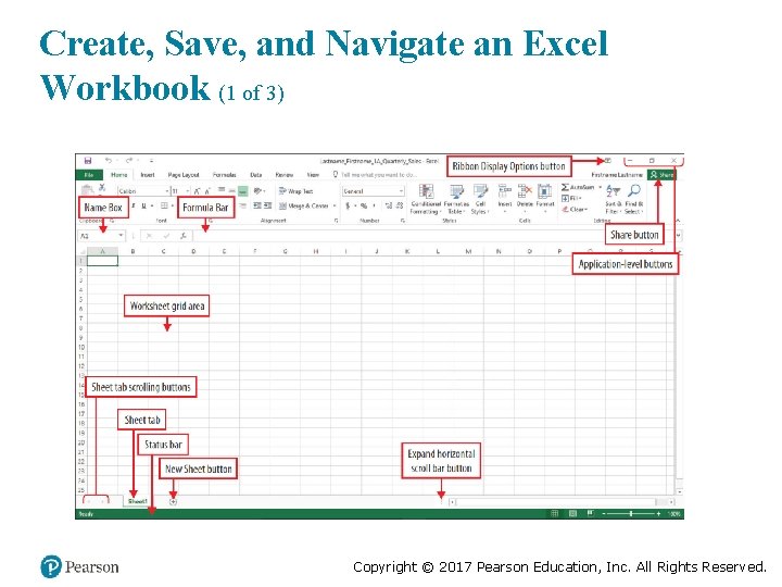 Create, Save, and Navigate an Excel Workbook (1 of 3) Copyright © 2017 Pearson