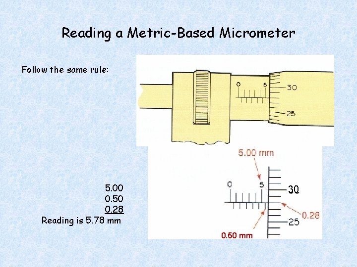 Reading a Metric-Based Micrometer Follow the same rule: 5. 00 0. 50 0. 28