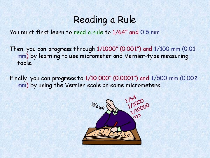 Reading a Rule You must first learn to read a rule to 1/64” and