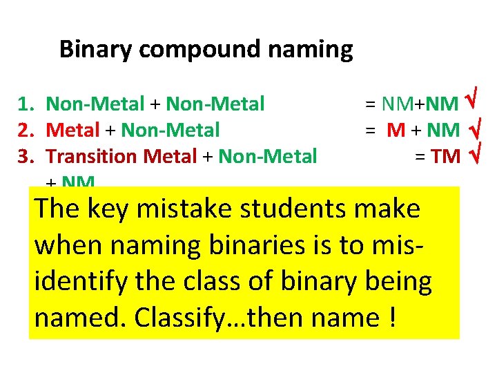 Binary compound naming 1. Non-Metal + Non-Metal 2. Metal + Non-Metal 3. Transition Metal