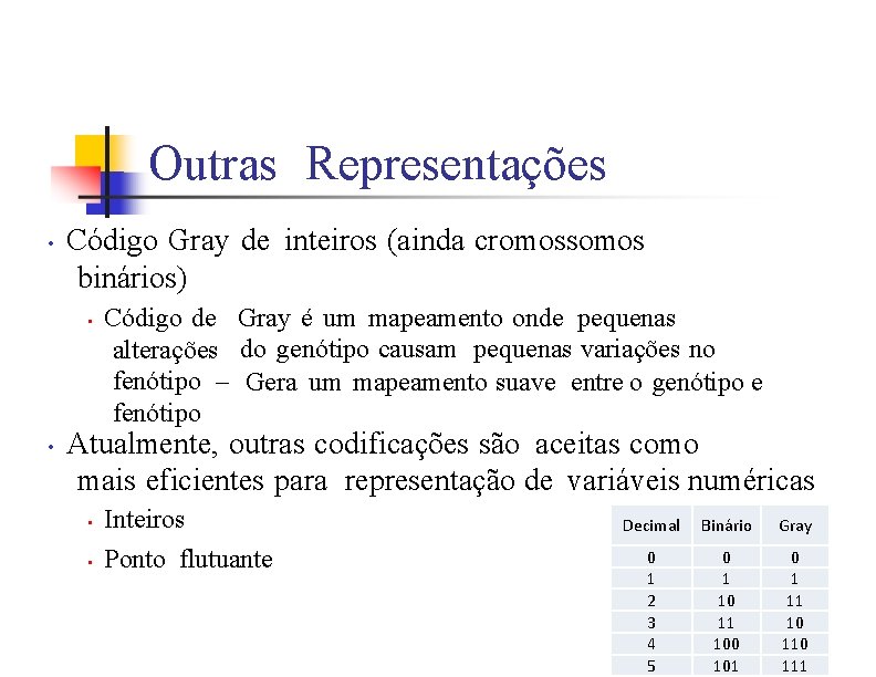 Outras Representações • Código Gray de inteiros (ainda cromossomos binários) • • Código de
