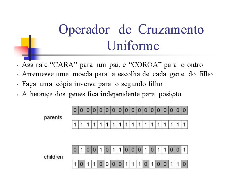 Operador de Cruzamento Uniforme • • Assinale “CARA” para um pai, e “COROA” para