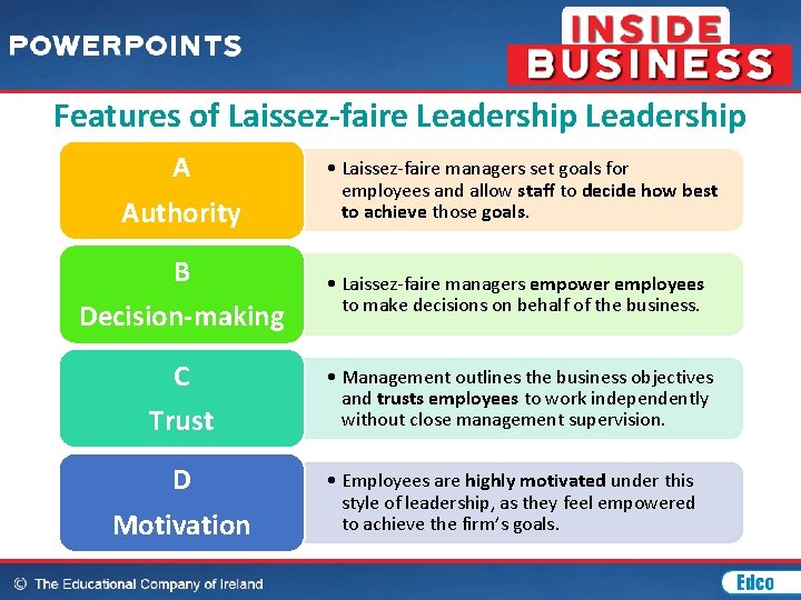Features of Laissez-faire Leadership A Authority • Laissez-faire managers set goals for employees and