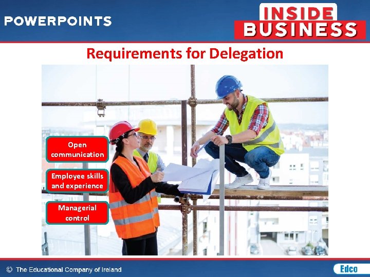 Requirements for Delegation Open communication Employee skills and experience Managerial control 