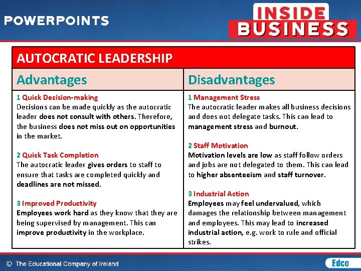 AUTOCRATIC LEADERSHIP Advantages 1 Quick Decision-making Decisions can be made quickly as the autocratic