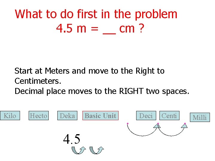 What to do first in the problem 4. 5 m = __ cm ?